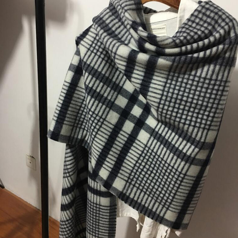 Soft Wool Scarves Gray Plaid Women Winter Pashmina Scarf